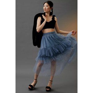 Anthropologie Eva Franco Ruffled Tulle Midi Skirt Blue Polka Dot